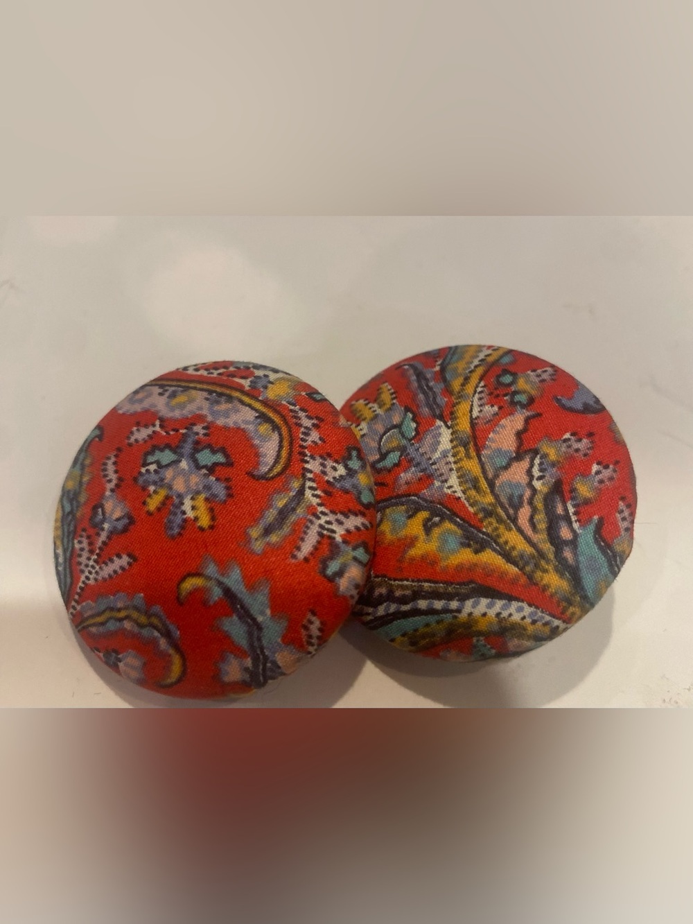 Vintage Red Paisley Fabric Button Clip-On Earrings Large Maximalist Dreamy